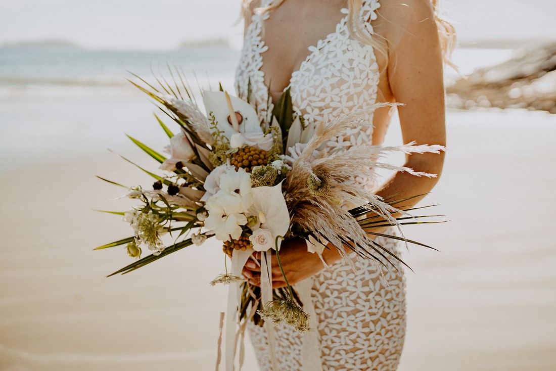 Brides bouquet of pampas grass and white roses by Crab Apple Floral Tofino