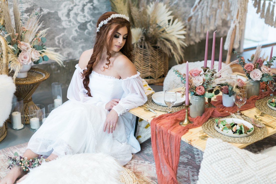 Macramé Boho Simply Sweet Photography bride lounges at table