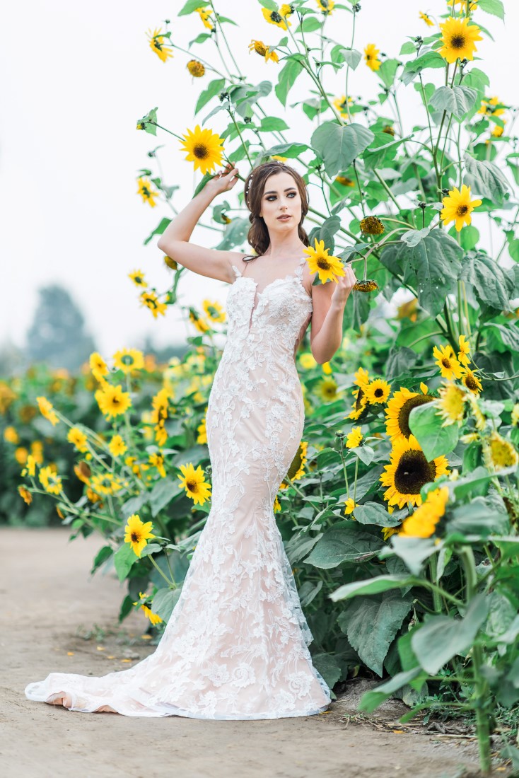 Sunflowers and Sunshine Wedding Inspo bride in sunflower patch