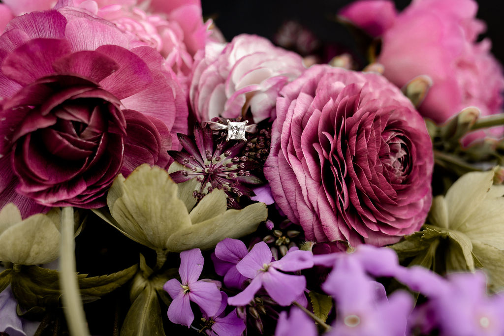 Wedding bouquet of pink and purple flowers